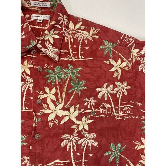 VINTAGE Pierre Cardin Hawaiian Shirt Men Large Red Floral Print Short Sleeve - Picture 2 of 5
